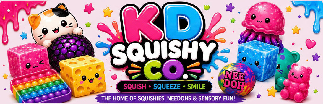 A colorful promotional banner for KD Squishy Co featuring various cute, squishy toys including a rainbow pop-it toy, a pink octopus, a purple ball, a cheese-shaped yellow cube, and a green bear. The text reads 'KD SQUISHY CO' with 'THE HOME OF SQUISHIES NEEDS & SENSORY FUN!' at the bottom. #FADBF5 color background